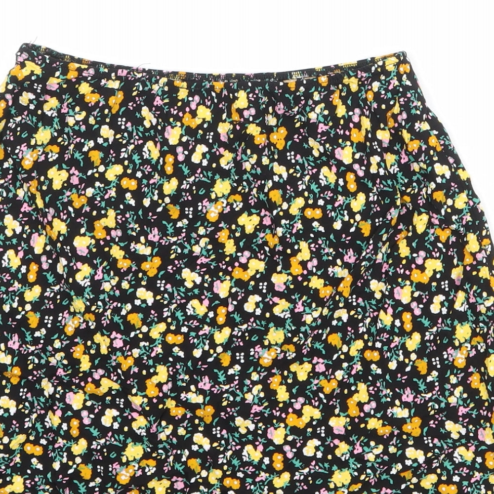 Brand and care label for ASOS women’s black floral viscose skater skirt, size UK 8