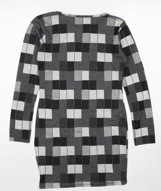 Silk Womens Grey Geometric Polyester Shift Size 10 Round Neck Pullover