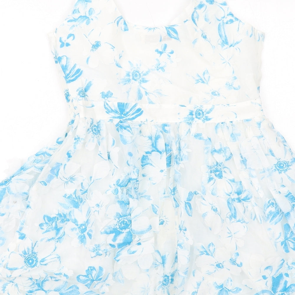 Miss Selfridge Womens White Geometric Cotton A-Line Size 12 V-Neck Zip - Flower Detail