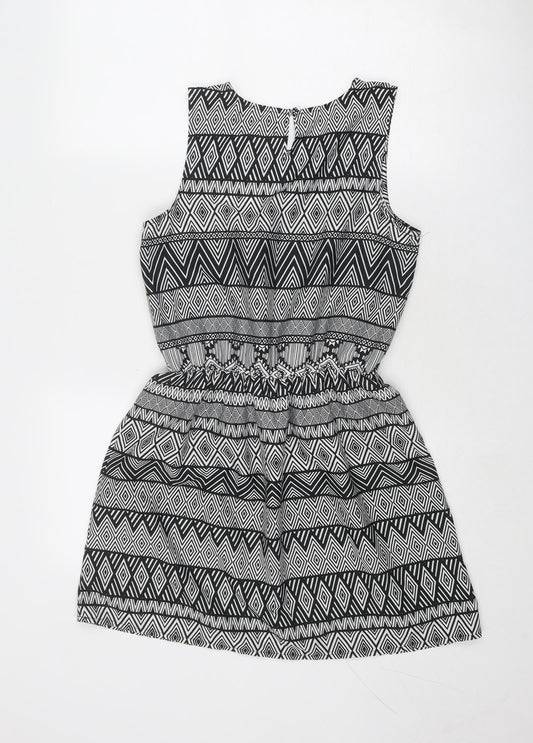 Select Womens Black Geometric Polyester Skater Dress Size 8 Round Neck Button