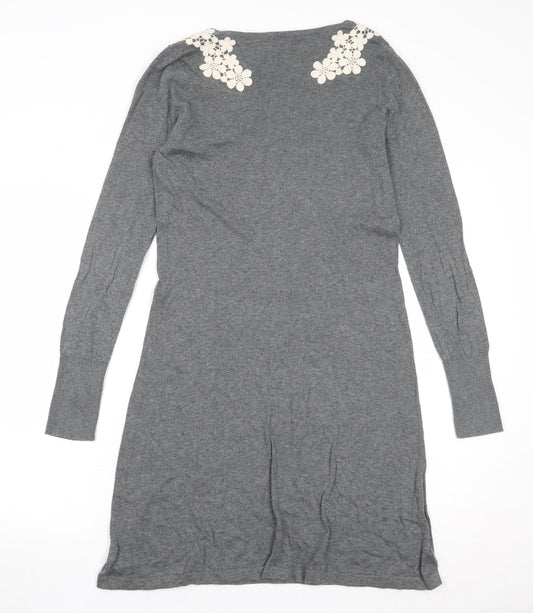 Oasis Womens Grey 100% Cotton A-Line Size M Round Neck Pullover - Flower Detail