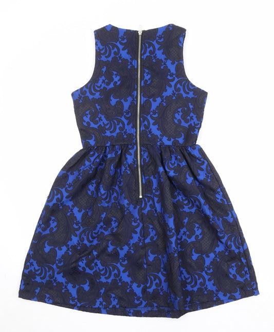 Glamorous Womens Blue Geometric Polyester Fit & Flare Size XS Round Neck Zip