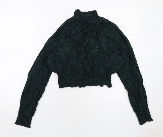 Monki Womens Green Geometric Cotton Basic Blouse Size S Mock Neck