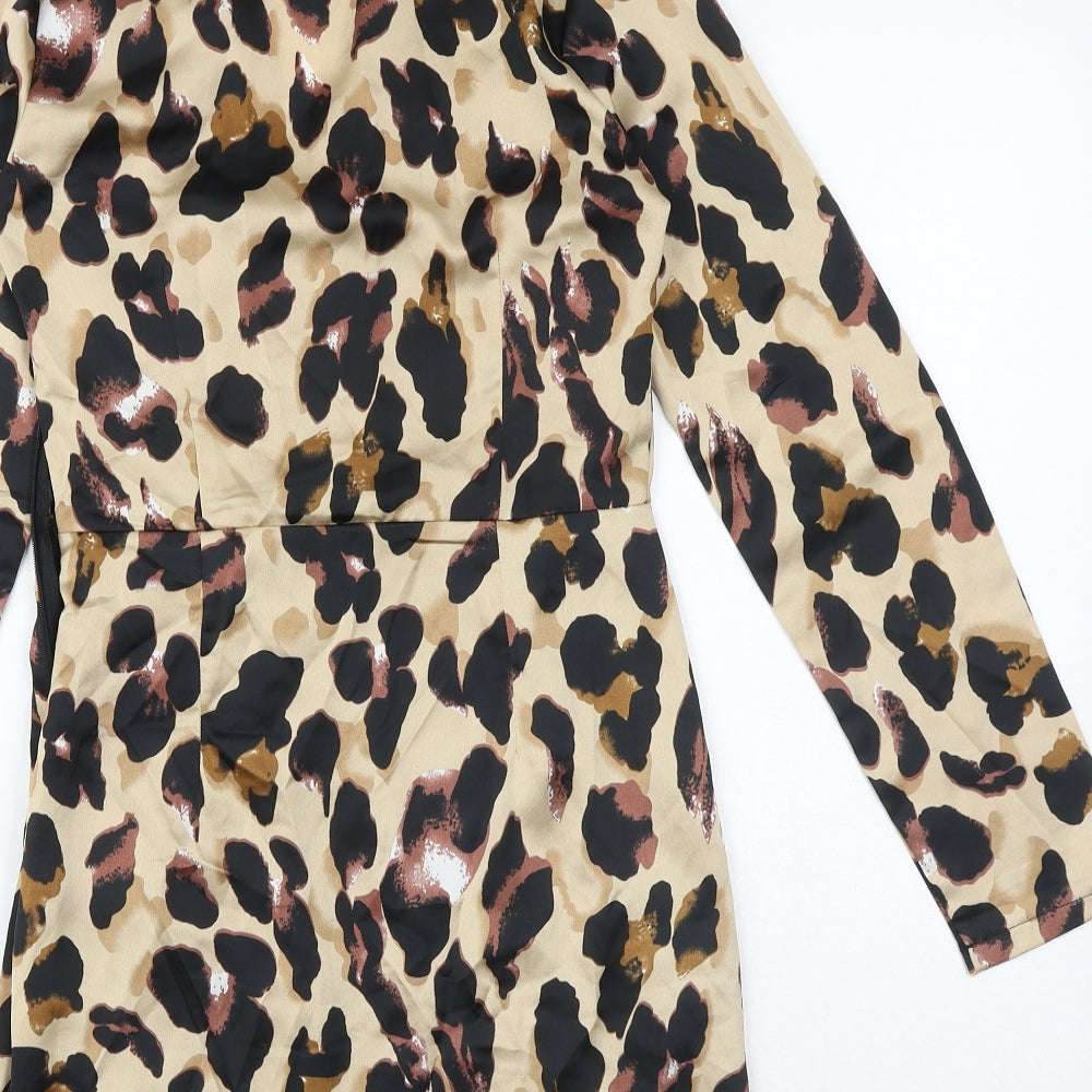 PRETTYLITTLETHING Womens Brown Animal Print Polyester A-Line Size 8 V-Neck Zip - Leopard Pattern