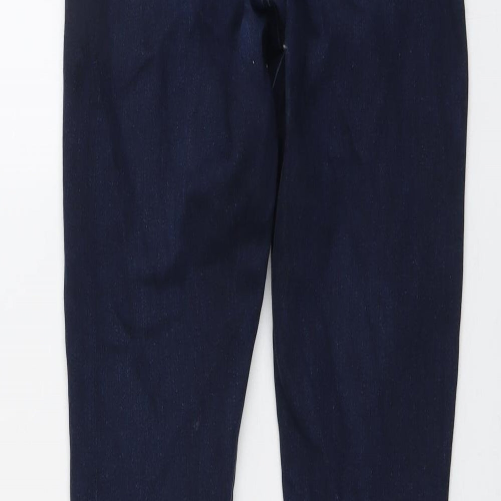 Brand and care label for ASOS women’s blue cotton skinny jeans, size UK 26, in, 27-inch leg regular button