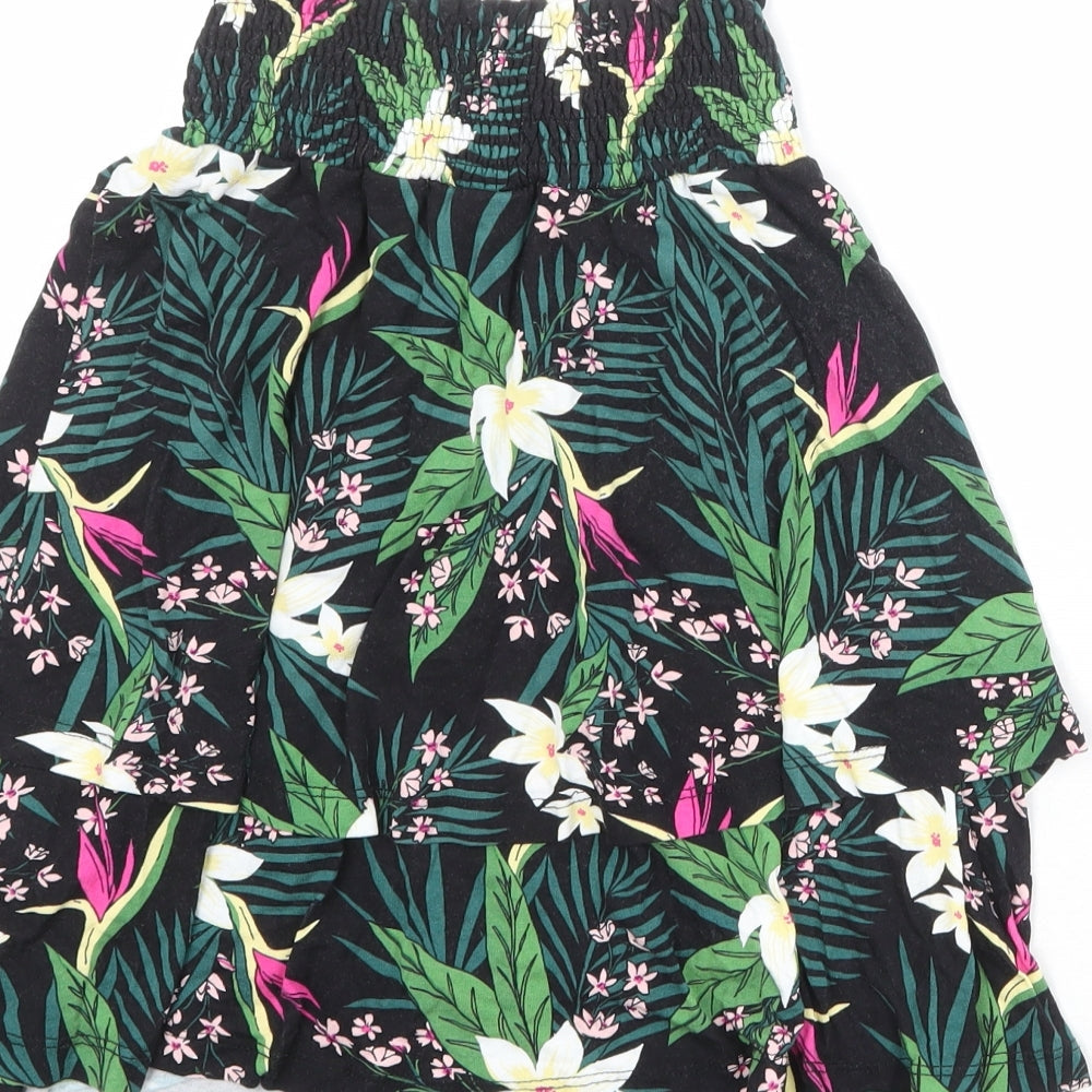 Brand and care label for b.young women’s black floral viscose skater skirt, size S