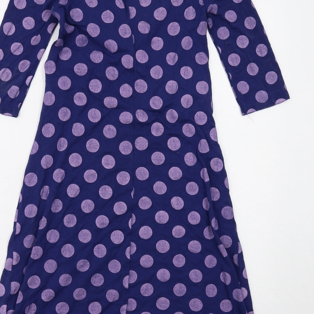 Brand and care label for ASOS women’s purple polka dot viscose trapeze & swing, size UK 10, v-neck pullover