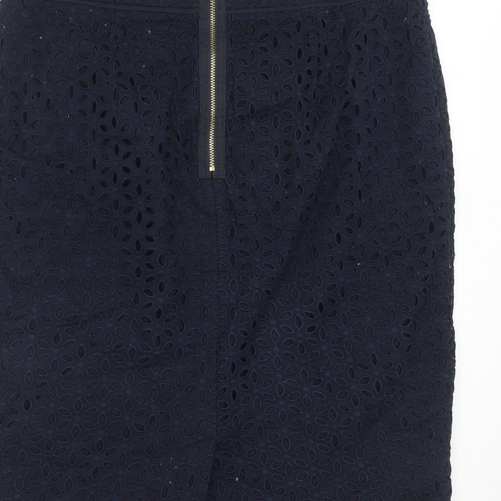 Brand and care label for Autograph women’s blue geometric polyester a-line skirt, size UK 32, in zip