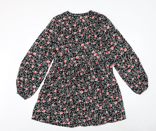 Boohoo Womens Black Floral Polyester A-Line Size 12 V-Neck Zip