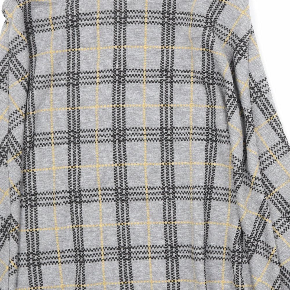 Brand and care label for ESPRIT women’s grey plaid polyester swing skirt, size L