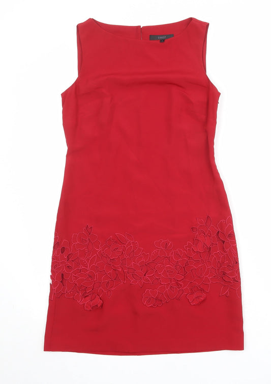Coast Womens Red Polyester Shift Size 8 Boat Neck Button - Floral Detail