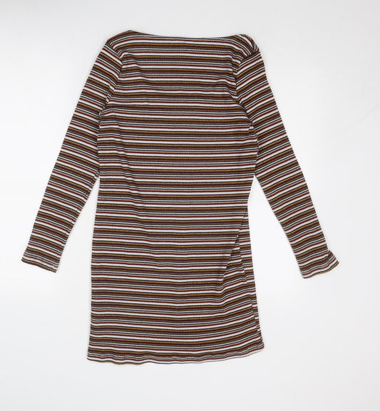 Topshop Womens Multicoloured Striped Polyester Shirt Dress Size 16 Round Neck Button
