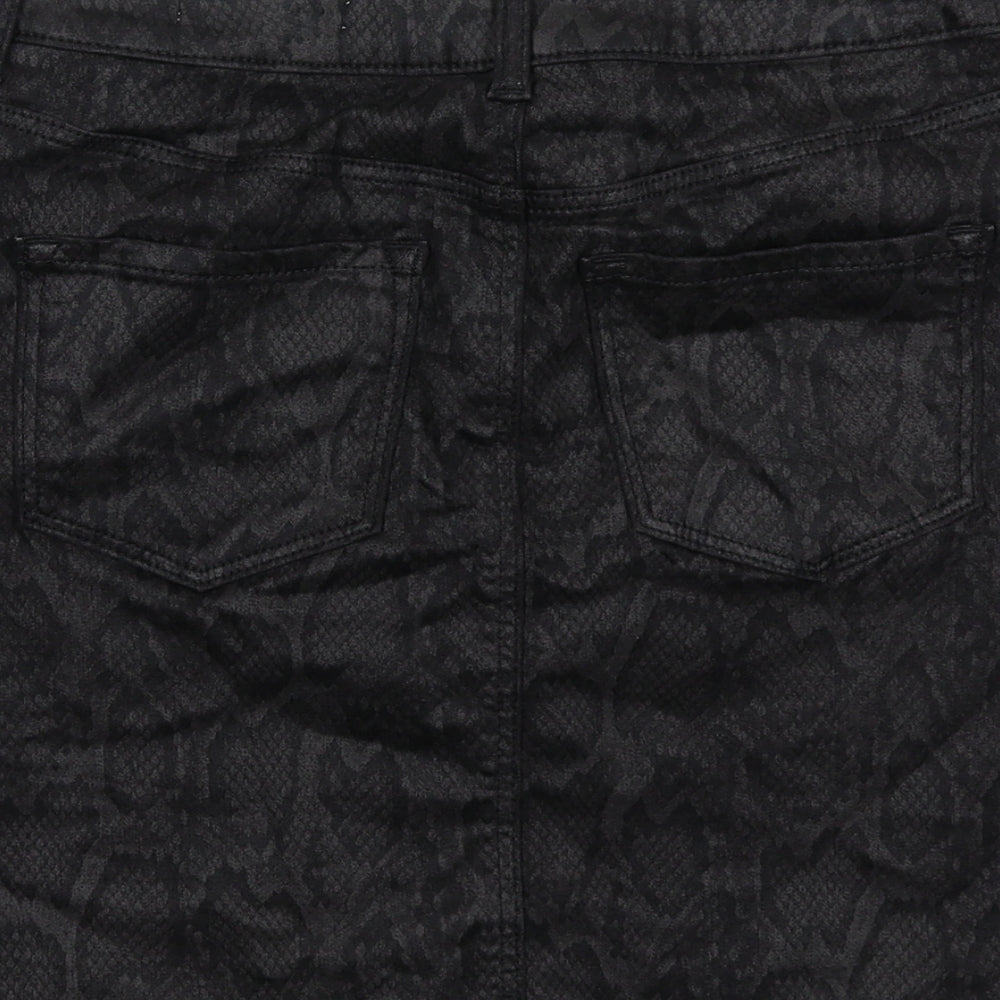 Marks and Spencer Womens Black Animal Print Cotton A-Line Skirt Size 8 Zip - Snakeskin Pattern