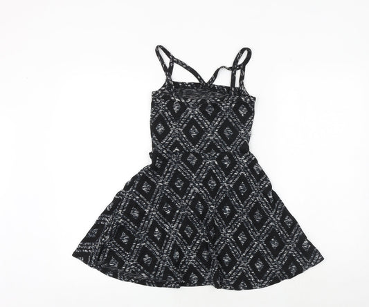 Topshop Womens Black Argyle/Diamond Viscose Fit & Flare Size 8 Square Neck Pullover