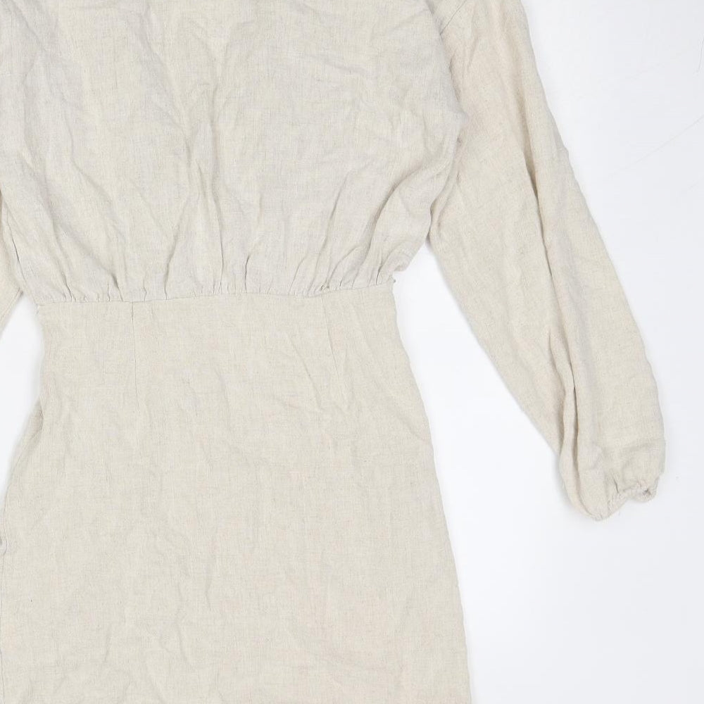 PRETTYLITTLETHING Womens Beige Linen A-Line Size 8 Collared Zip