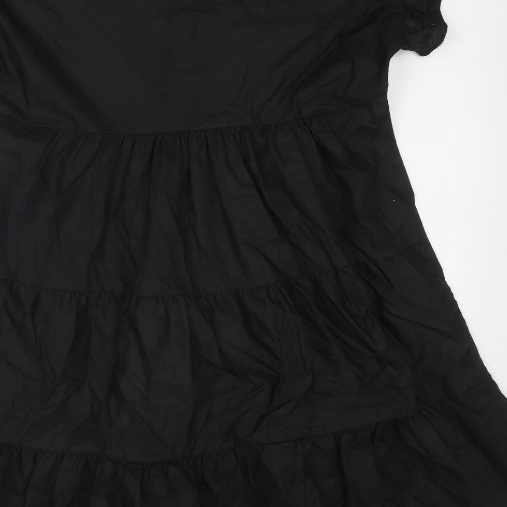 PRETTYLITTLETHING Womens Black Cotton A-Line Size 8 Boat Neck Button - Tiered