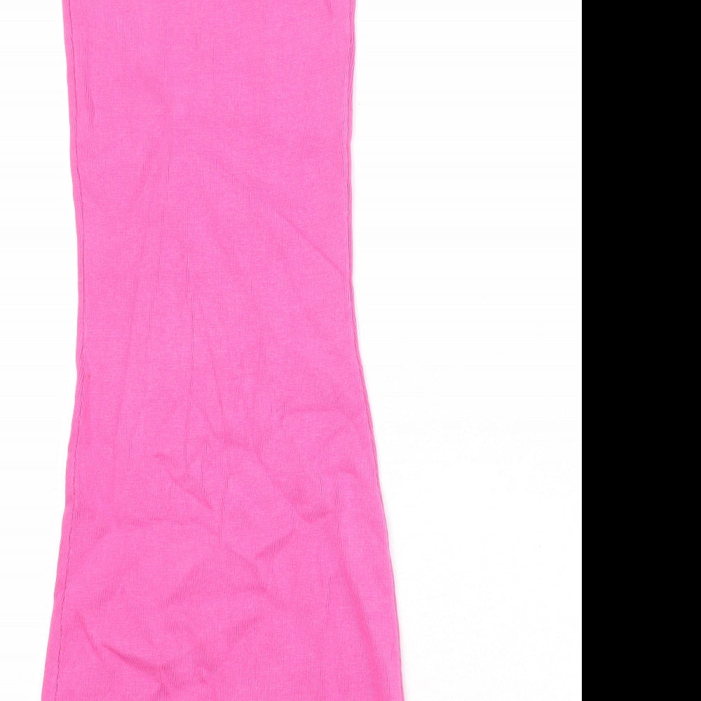 Brand and care label for ASOS women’s pink viscose bodycon, size UK 6, boat neck pullover
