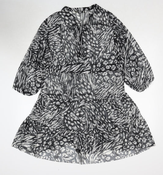 Oasis Womens Black Animal Print Polyester A-Line Size S V-Neck Drawstring - Sheer