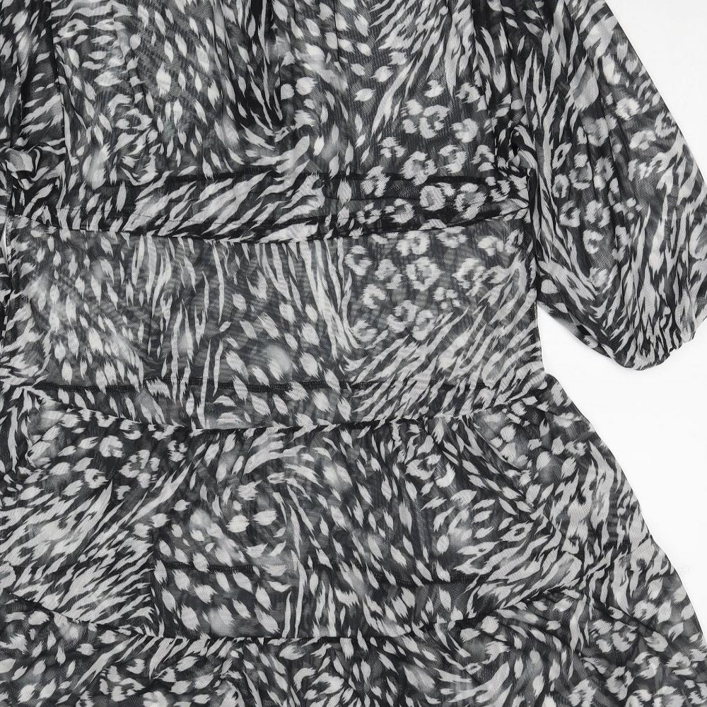 Oasis Womens Black Animal Print Polyester A-Line Size S V-Neck Drawstring - Sheer