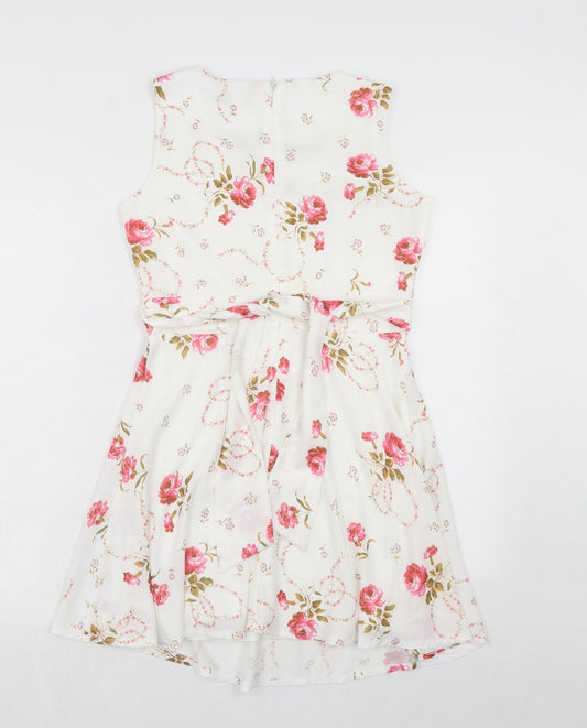 Yumi Womens White Floral Polyester A-Line Size 10 Boat Neck Zip
