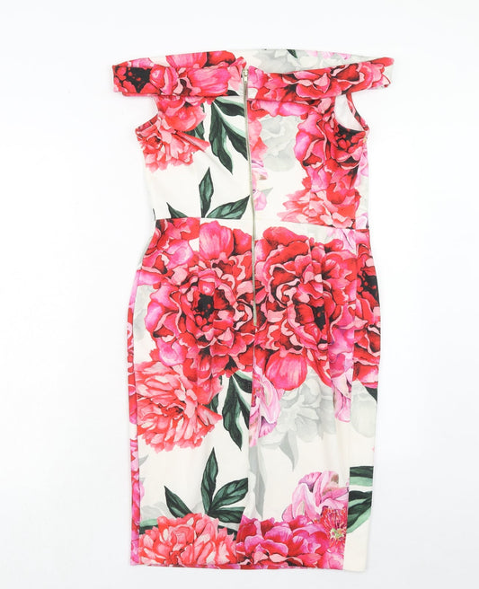 Paraphrase Womens Pink Floral Polyester Bodycon Size S Off the Shoulder Zip