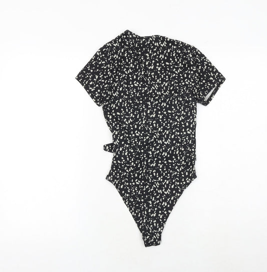 New Look Womens Black Animal Print Polyester Bodysuit One-Piece Size 8 Snap - Tie Front Detail