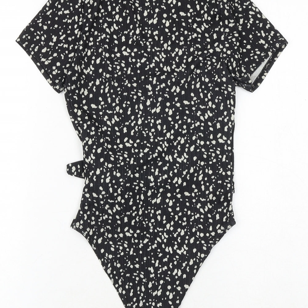 New Look Womens Black Animal Print Polyester Bodysuit One-Piece Size 8 Snap - Tie Front Detail