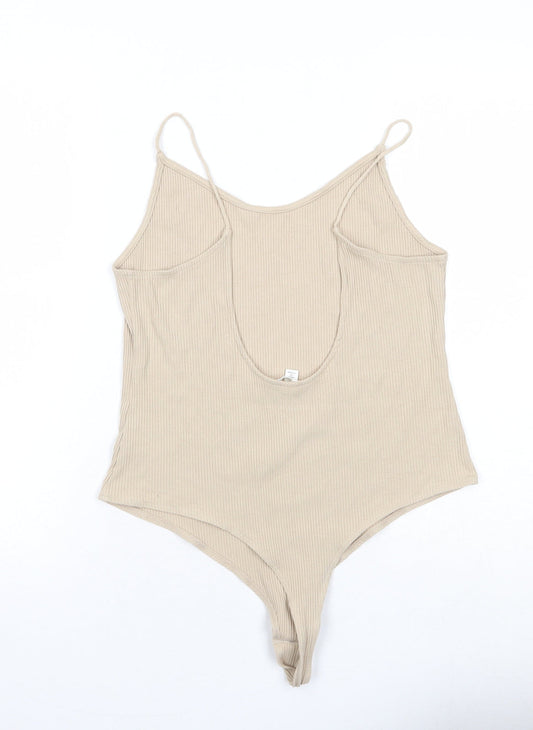 H&M Womens Beige Viscose Bodysuit One-Piece Size L Snap