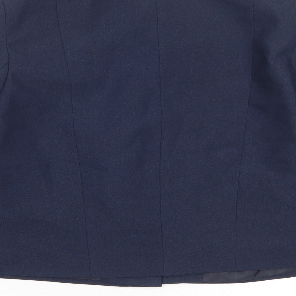 Brand and care label for ASOS women’s blue polyester jacket blazer, size UK 12, - open