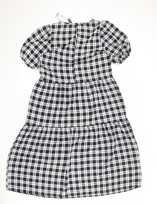 Divided by H&M Womens Black Plaid Polyester A-Line Size S Round Neck Button