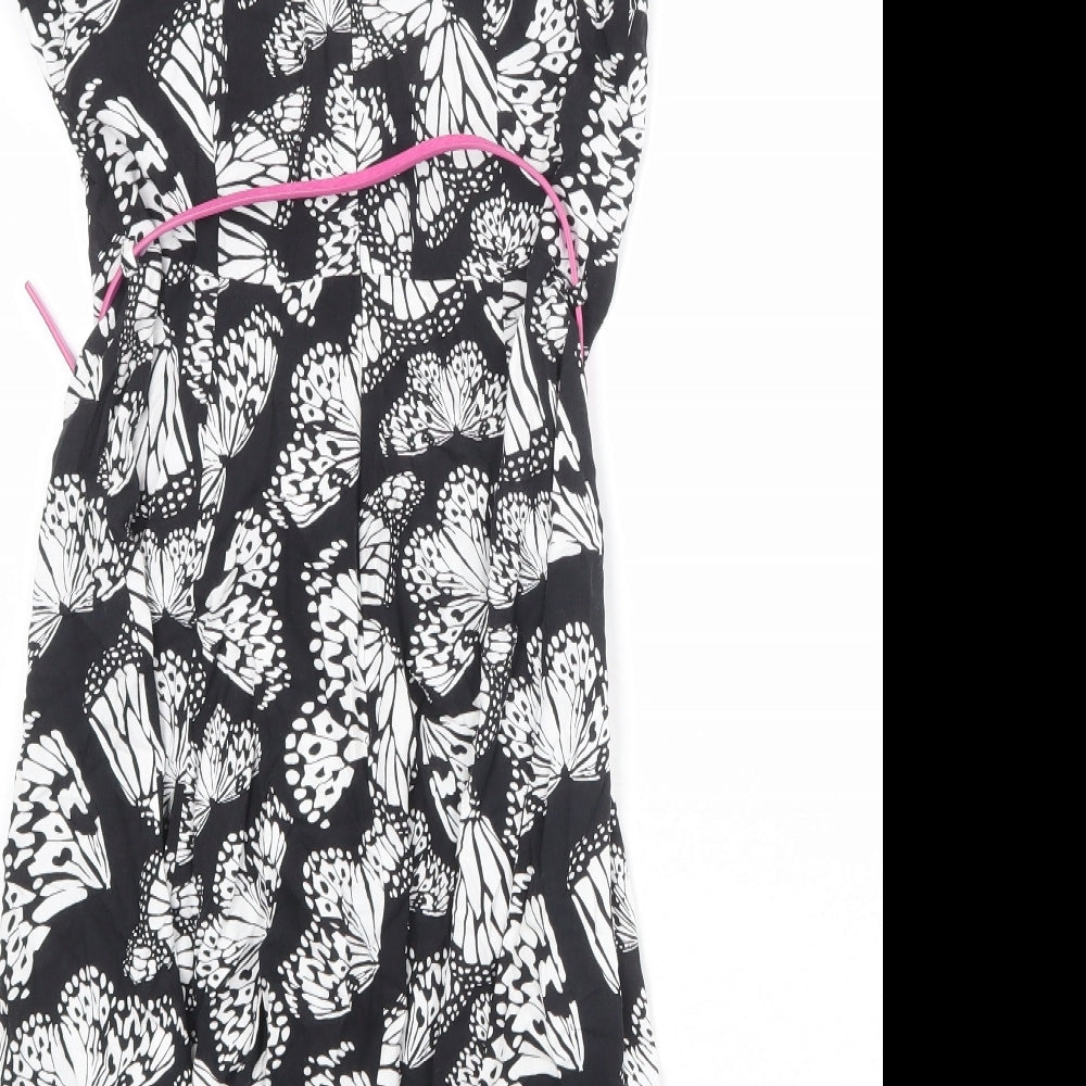 Brand and care label for Wallis women’s black geometric viscose a-line, size UK 10, round neck zip - butterfly