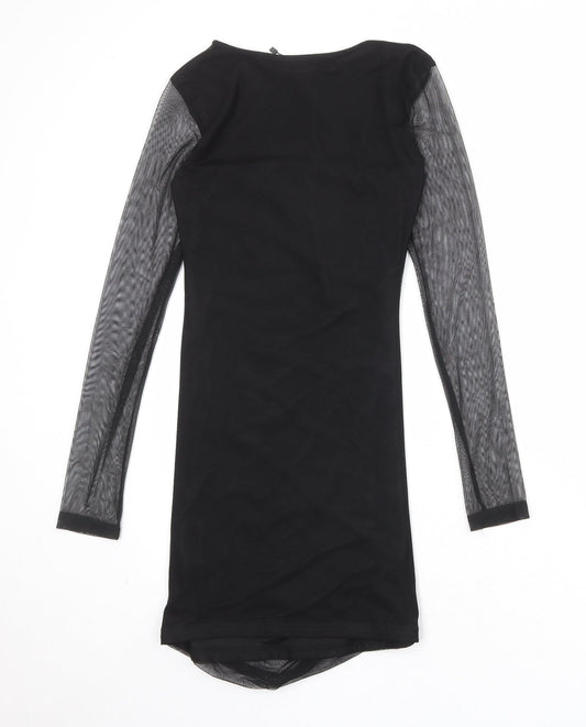 Boohoo Womens Black Nylon Pencil Dress Size 12 Square Neck Pullover - Mesh Overlay