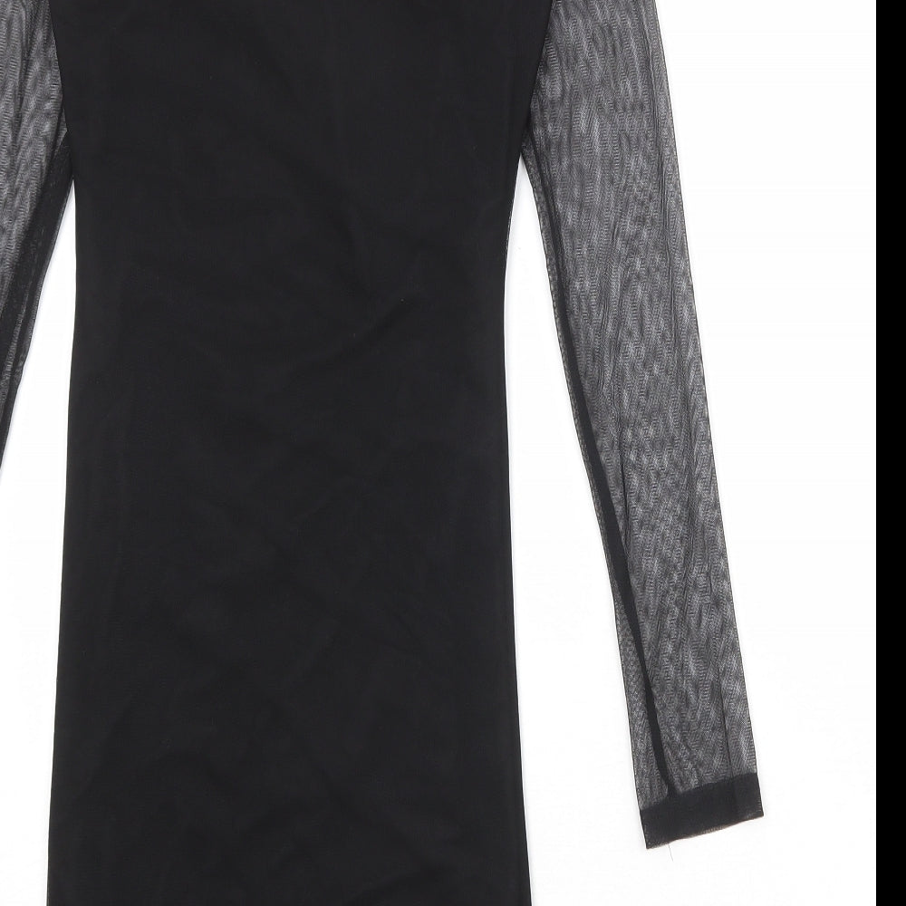 Boohoo Womens Black Nylon Pencil Dress Size 12 Square Neck Pullover - Mesh Overlay