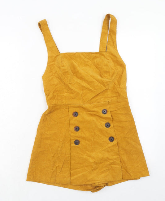 Additional front view of BDG women’s yellow cotton playsuit one-piece, size M, button