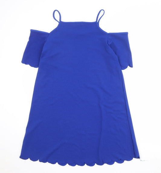 Select Womens Blue Polyester A-Line Size 14 Round Neck Pullover - Cold Shoulder