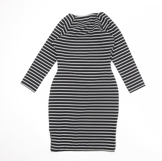 Jane Norman Womens Black Striped Polyester Shift Size 6 V-Neck Pullover