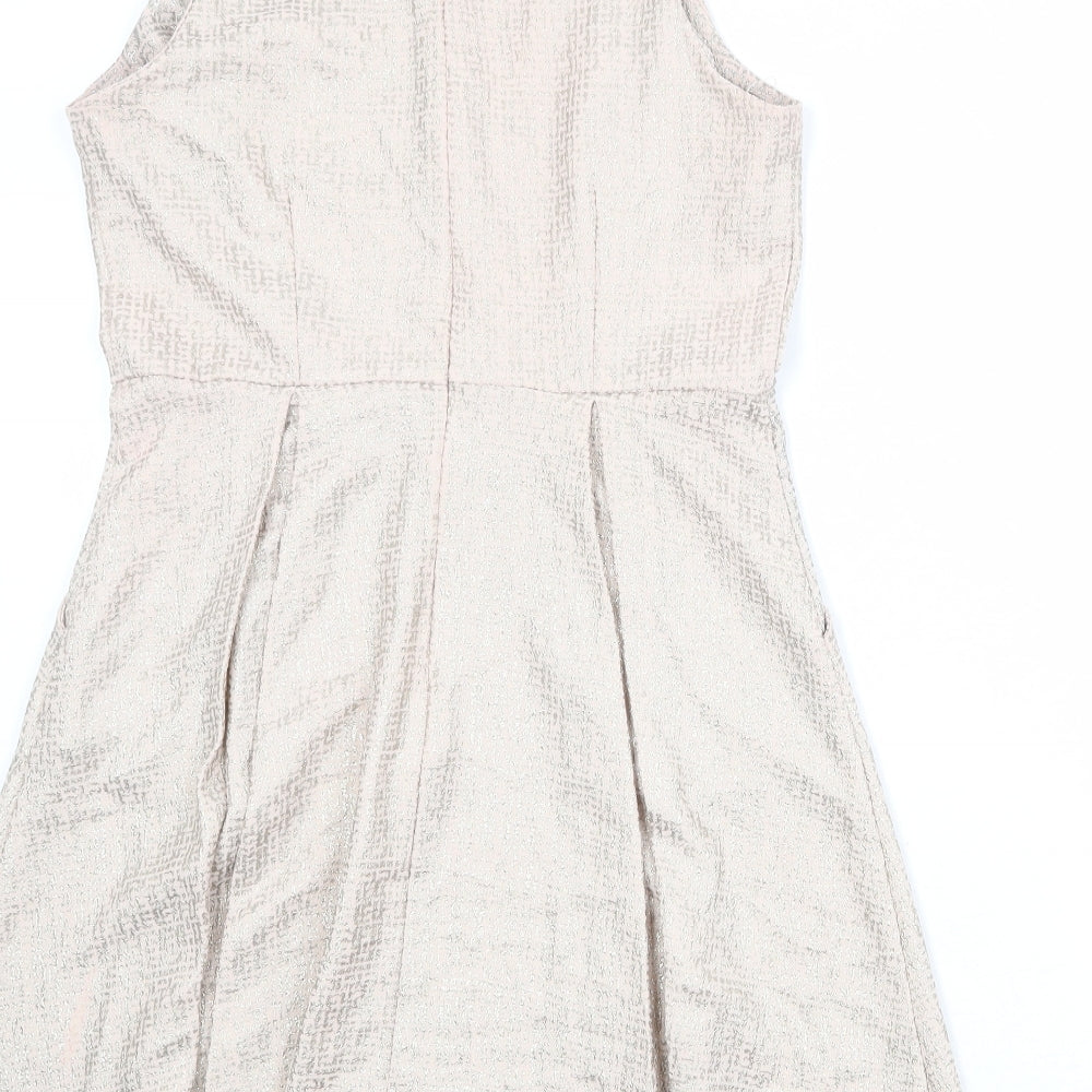 Dorothy Perkins Womens Beige Polyester Skater Dress Size 14 Round Neck Zip