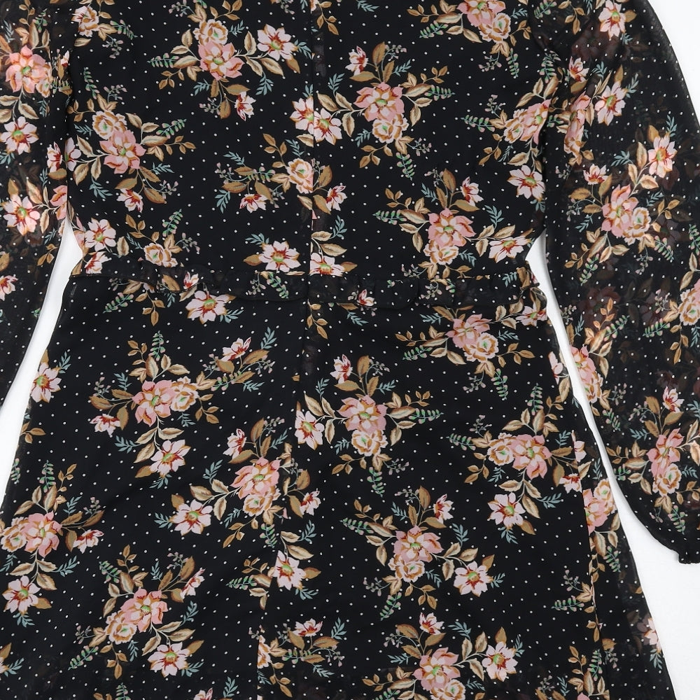 Dorothy Perkins Womens Black Floral Polyester Skater Dress Size 10 Round Neck Zip