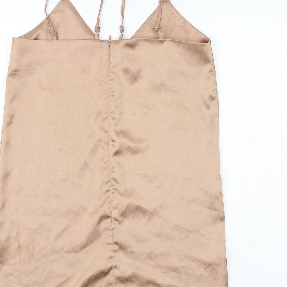 Missguided Womens Brown Polyester Slip Dress Size 6 V-Neck Zip