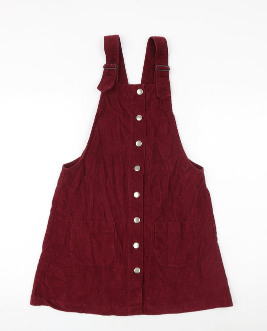 Additional front view of Cooperative women’s red 100% cotton pinafore/dungaree dress, size S, square neck button