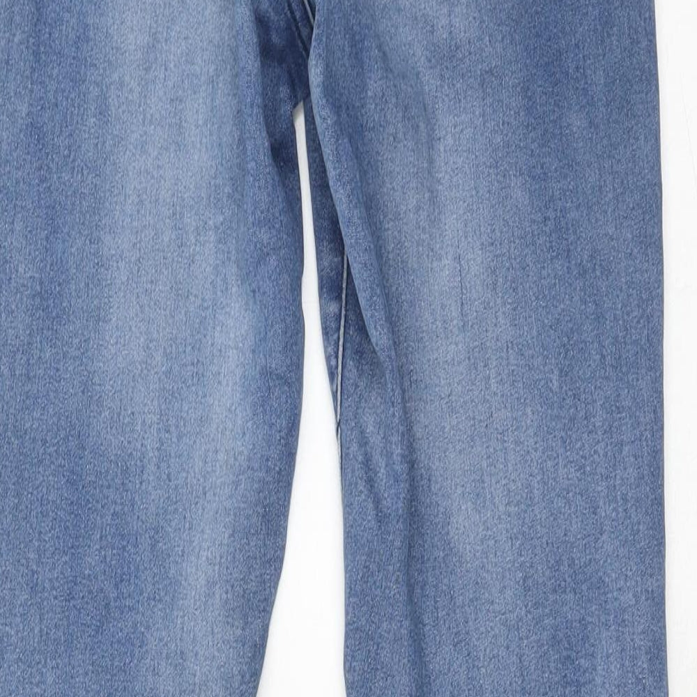 Brand and care label for ASOS women’s blue cotton skinny jeans, size UK 26, in, 30-inch leg regular zip
