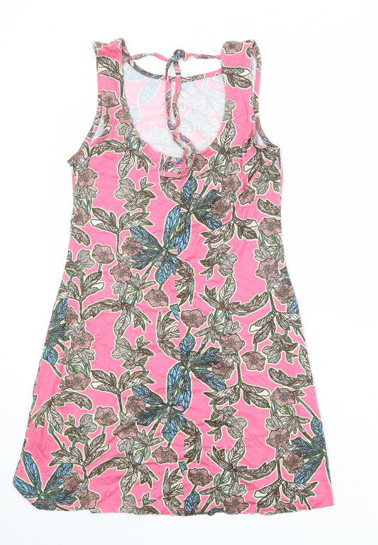 South Womens Pink Floral Viscose Shift Size 10 Round Neck Tie