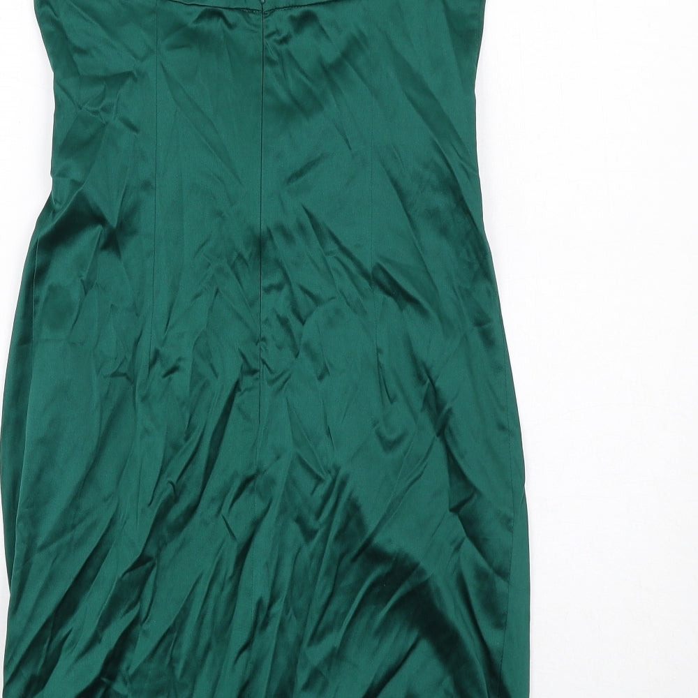 Brand and care label for ASOS women’s green cotton pencil dress, size UK 10, v-neck zip