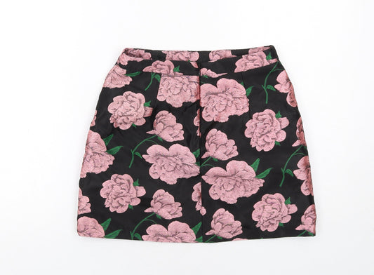 Miss Selfridge Womens Black Floral Polyester A-Line Skirt Size 6 Zip