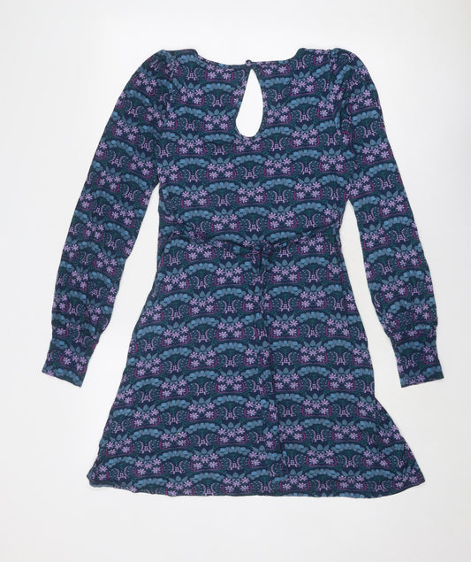 Warehouse Womens Blue Floral Viscose A-Line Size 12 Scoop Neck Pullover