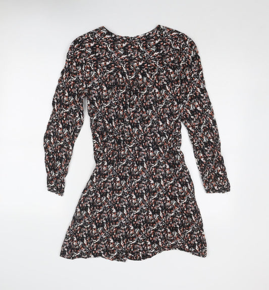 Warehouse Womens Black Geometric Viscose Mini Size 8 V-Neck Zip
