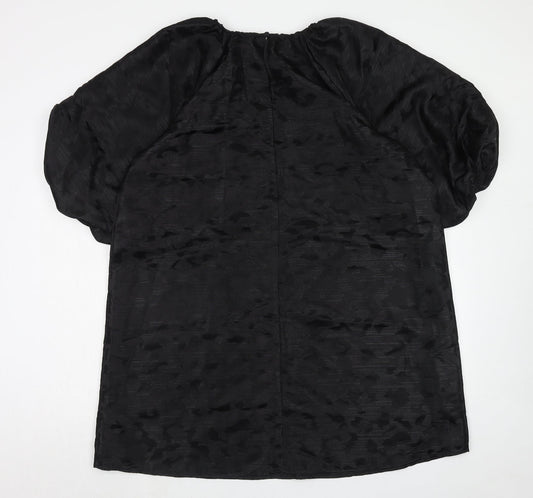 Marks and Spencer Womens Black Animal Print Polyester Trapeze & Swing Size 16 Boat Neck Button - Puff Sleeve