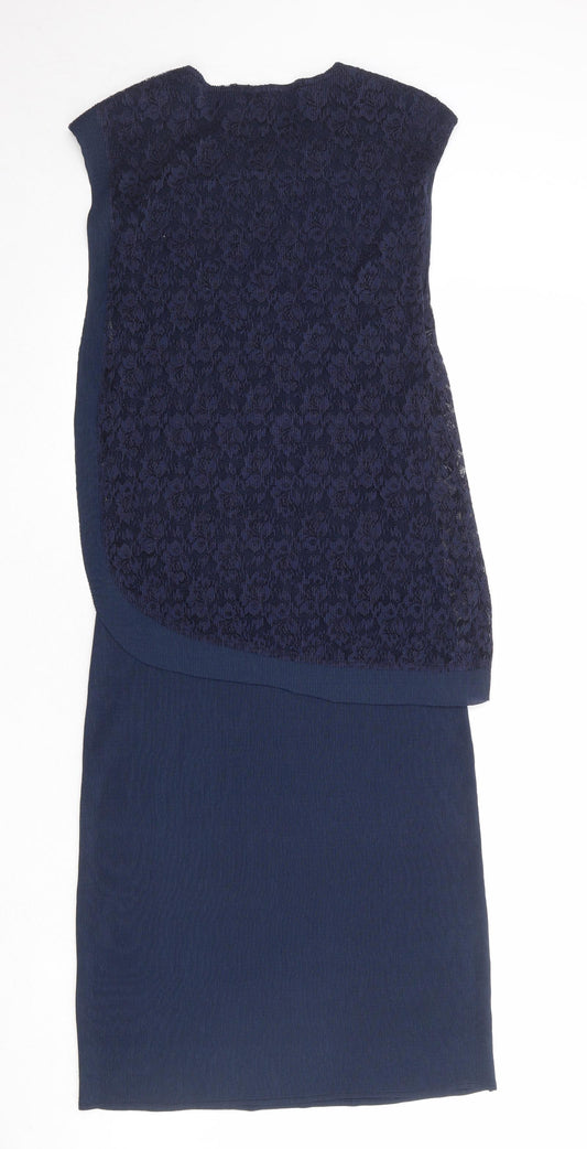 Klass Womens Blue Floral Polyester A-Line Size 14 Round Neck Pullover