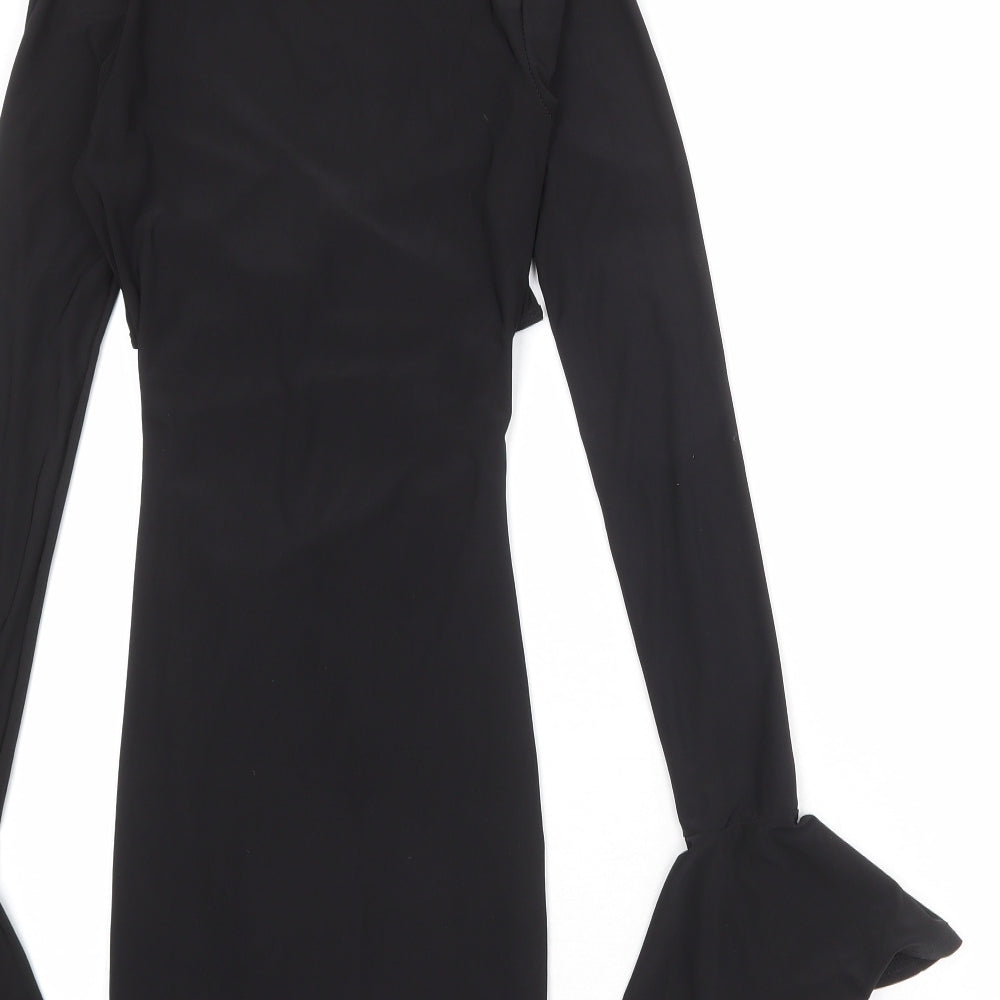 PRETTYLITTLETHING Womens Black Polyester Bodycon Size 4 V-Neck Pullover - Flute Sleeve