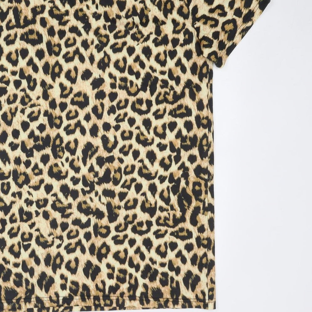 Funny World Womens Beige Animal Print Polyester Basic T-Shirt Size XL Round Neck - Leopard Print